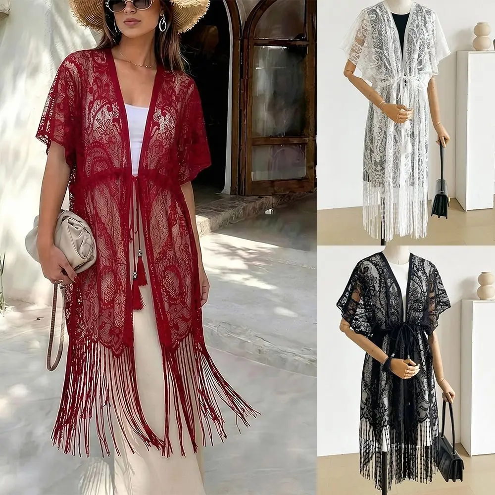 Elegant Lace Mesh Sunscreen Beach Cover Up Floral Plus Size Swimsuit Cover Up Tassel Transparent Bohemian Shawl Summer view 6