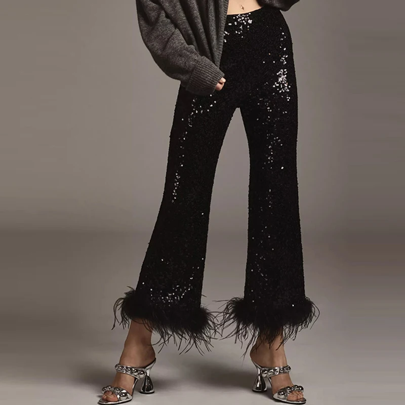 

Элегантные женские брюки однотонного цвета с карманами, модные блестящие пайетки, облегающие брюки с перьями, весна-лето, новинка, брюки с высокой талией и широкими штанинами