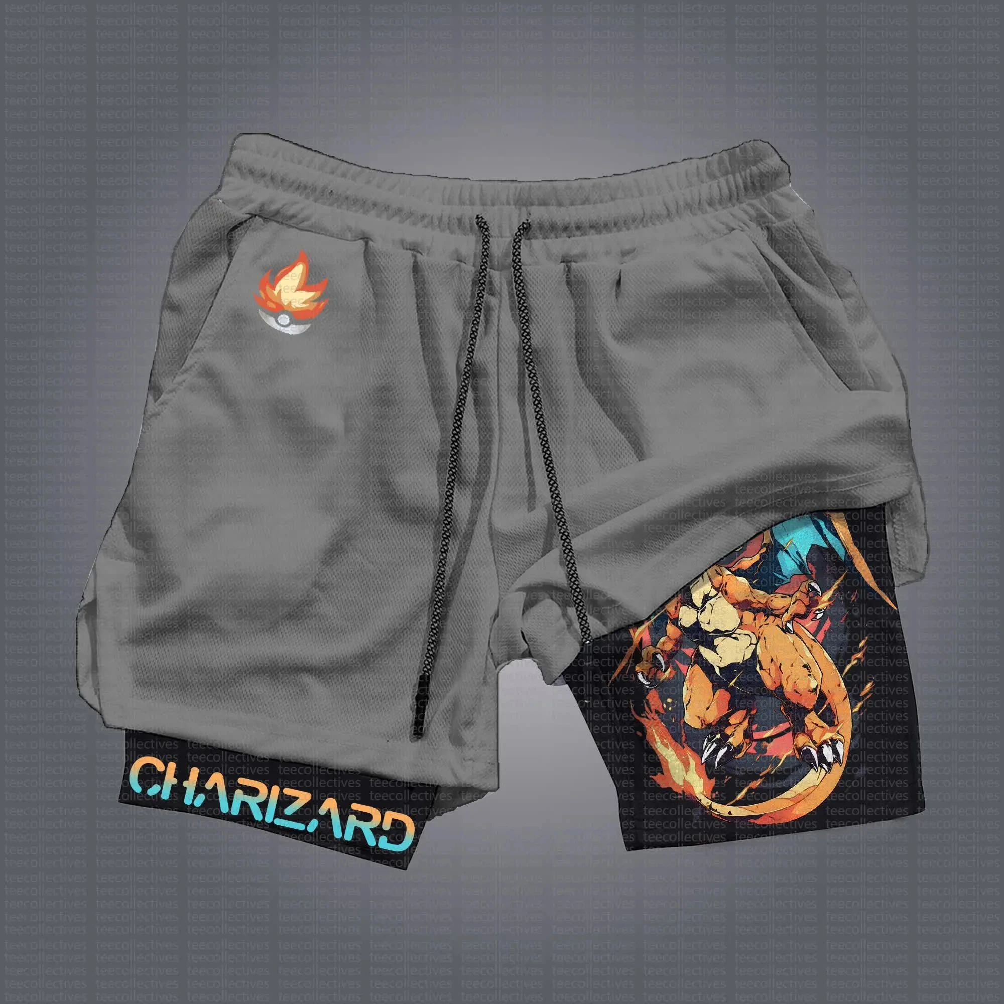 pokemon-charizard-shorts-masculino-algodao-calcas-esportivas-2025-verao-grafico-bottoms-cinza-base-bola-de-fogo-padrao-charizard-texto-azul