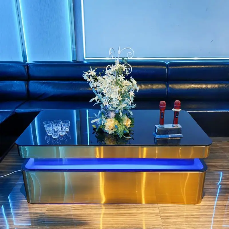 custom.Luxury Customized Bar Nightclub Furniture Set Stainless Steel Tempered Glass Led Light Up KTV Table