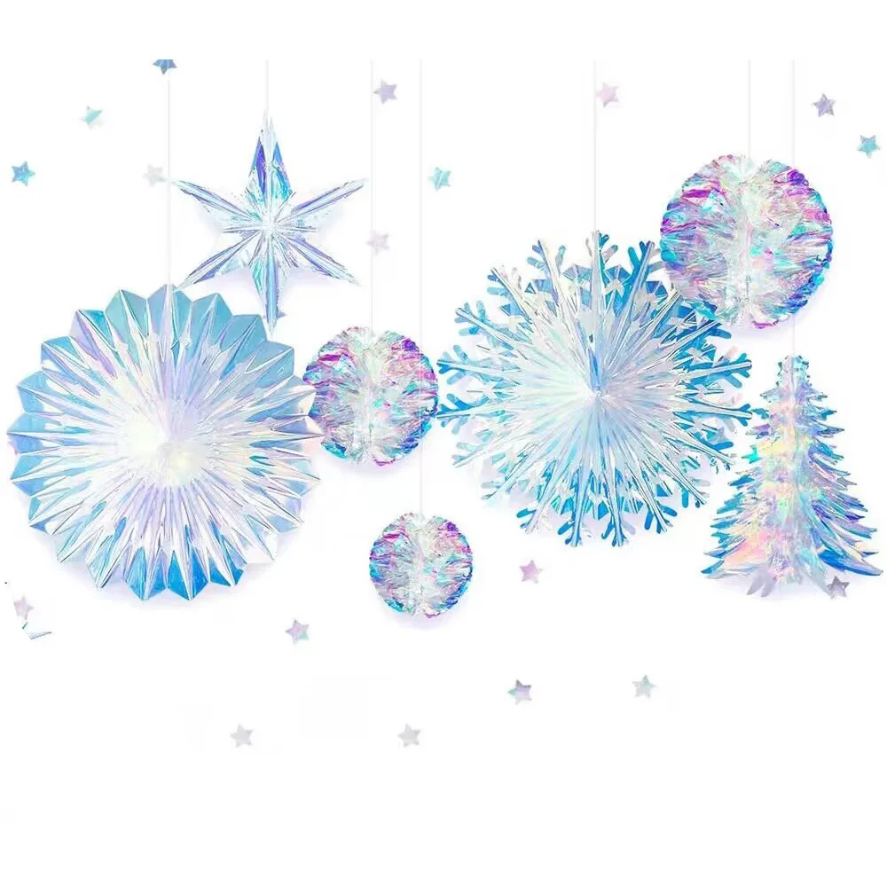 

1set Iridescent Hanging Snowflake and Star Ornaments Christmas Tree Decorations Snow Ball Star Decor for Home Festival Parties