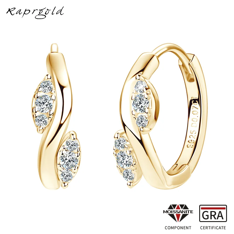 

RAPRGOLD Moissanite Hoop Earrings For Women 100% Real 925 Sterling Silver Classic Leaf Huggie Earring Wedding Fine Jewelry Gifts