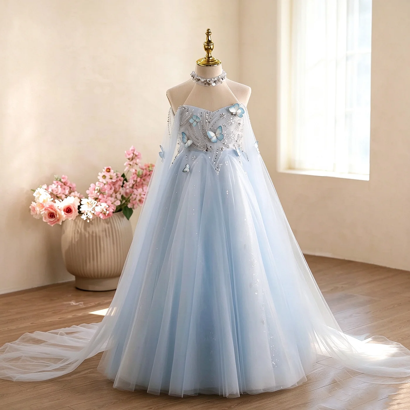 Dreamy Vow D381 Girls Blue Tulle Flower Girl Dress, Butterfly Beaded Princess Ball Gown, Sparkle Wedding Pageant Party Formal