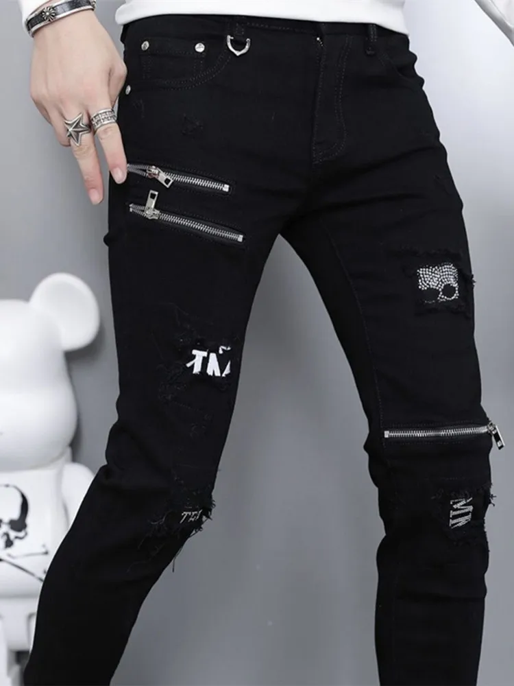 2024 Spring and Autumn Fashion Trend Black Straight Leg Ripped Jeans Men's Casual Comfort Breathable High-Quality Denim Pants