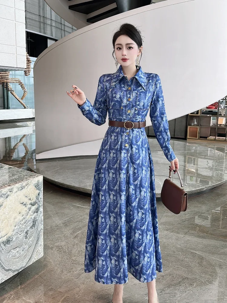 High street style polo collar fashionable printed dress for women 2024winter new model temperament warm long dress party banquet