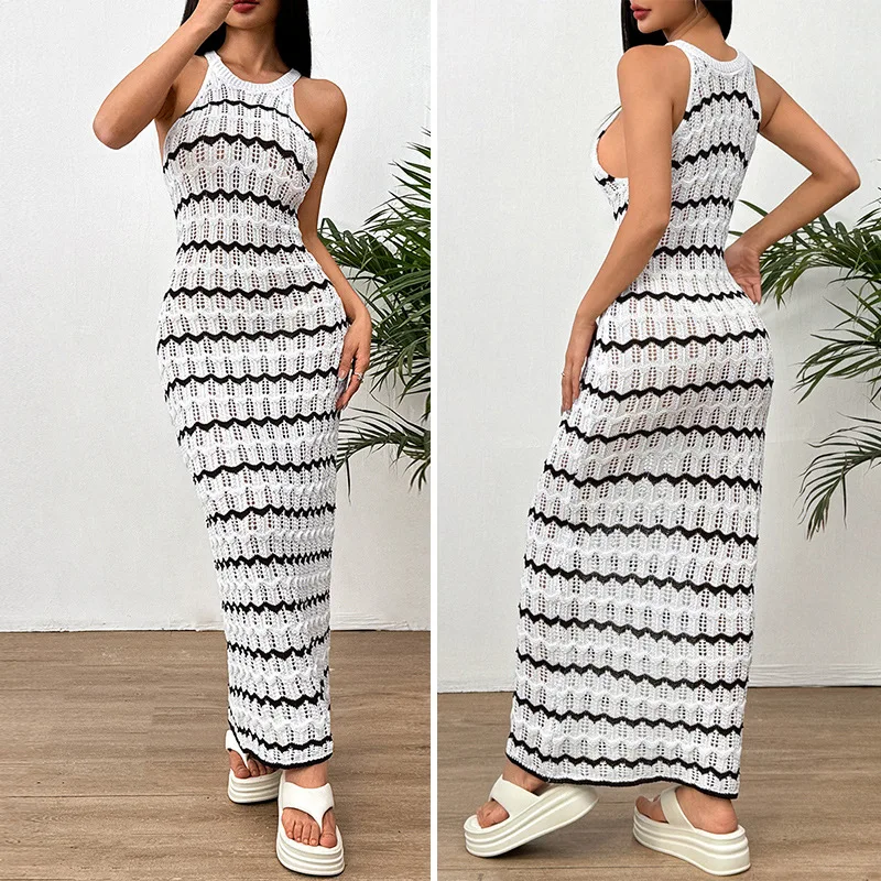 

2025 New Women's Clothing Sexy Hot Sleeveless Hollow Striped Dress Beach Blouse Hip Skirt Long Dresses for Women