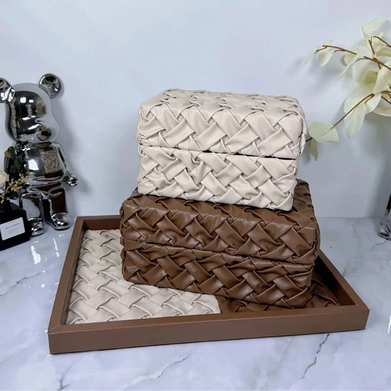 Handmade Jewelry Box Leather Weave Storage Boxes Necklace Organizer Jewelry Display Case Portable Bedroom Packaging Boxes Gifts