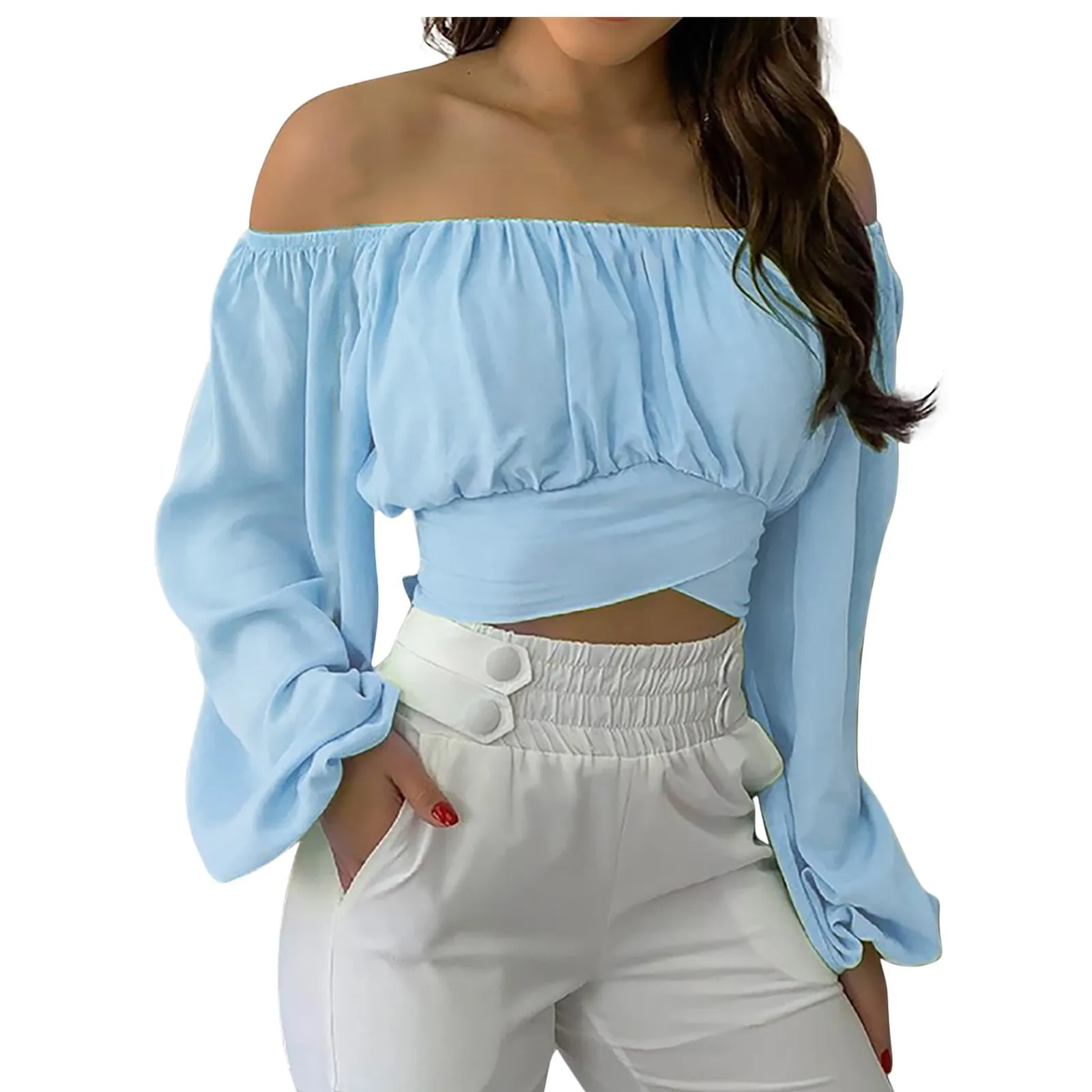 Women\'s Cute Off Shoulder Long Sleeve Self Tie Knot Crop Tube Top Blouse Summer Sexy Elegant Office Lady Shirt