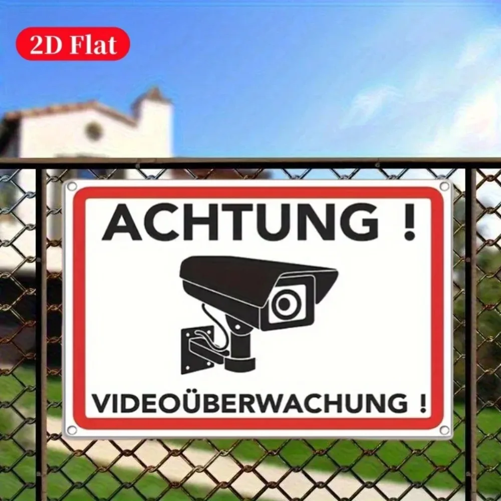 (Pintura en estaño 2D) Señal de seguridad metálica plana 2D, decoración de pared con cámara de videovigilancia roja