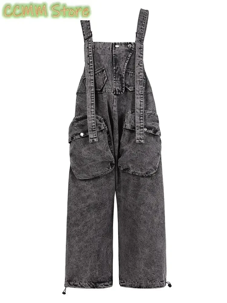 High Waist Blue Pocket Big Size Denim Overalls Trousers New Loose Fit Pants Women Fashion Tide Spring Autumn