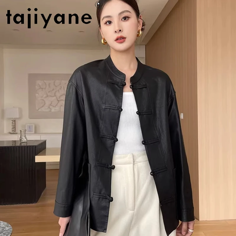 Jaquetas de Pele de Ovelha TAJIYANE, Casaco Estiloso com Botão em Nó, Jaqueta de Couro Genuíno para Mulheres, Roupas Femininas Outono 2025, дубленка женская