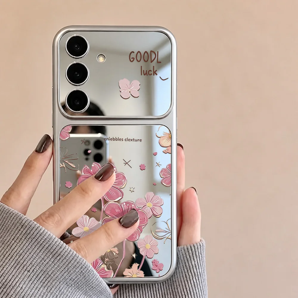 Pink Cherry Blossom Flowers Make up Mirror Phone Case For Samsung S26 Ultra S23 S24 S25 FE A57 A56 5G A55 A54 A37 A17 Case Cover - view 3