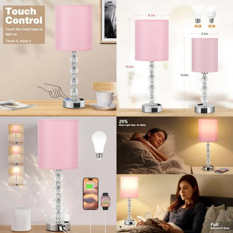 

Touch Bedside Crystl Lmps for Bedrooms Nightstnd with USB C+ Chrging Port nd C Outlet, 3 Way Dimmable Silver Large End Side Tab