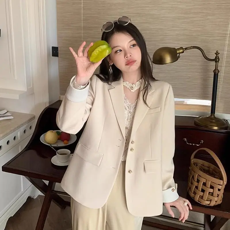 

Women Blazer Double-Layer Western-Style Gold Premium Three-Button Sunscreen Badge Fine Slash Snap-Button Drapey Friendly