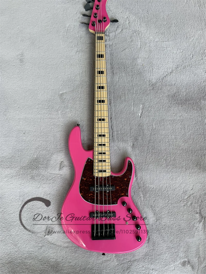 5 Strings Bass Guitar Pink Body Maple Fingerboard Black Inlay Red Tortoise Shell Pickguard Active Battery