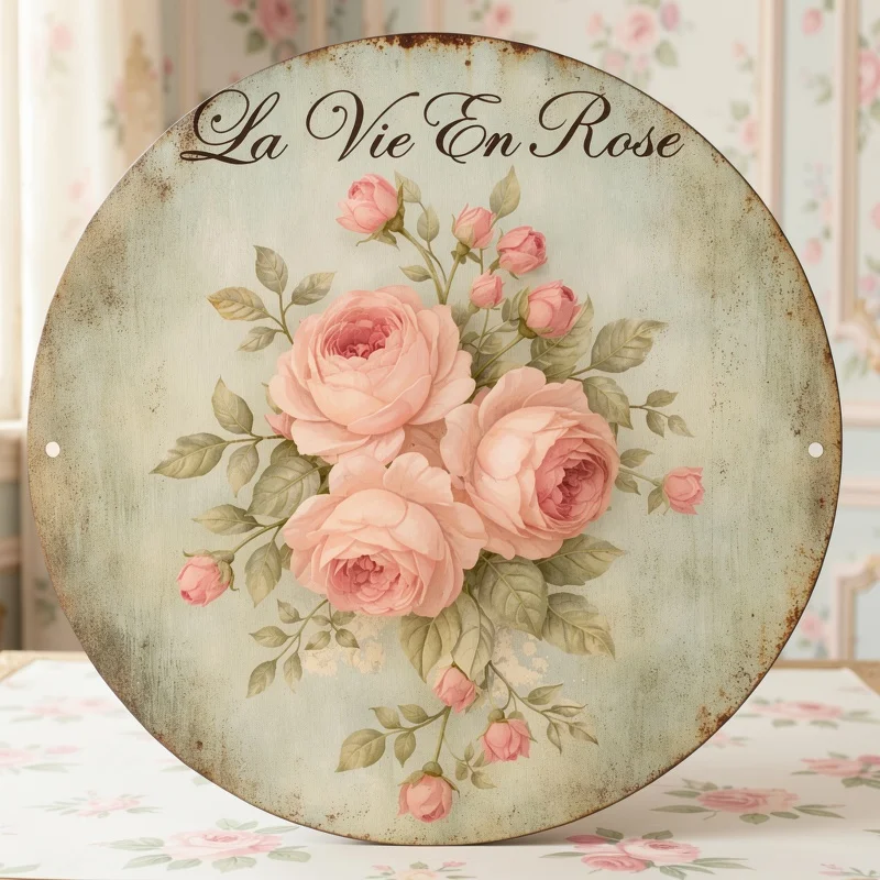 Aluminum Sign, Retro Decorative Plaque about Rose Life, French Romantic Vintage Floral Sign, Suitable for Decorating Living Room