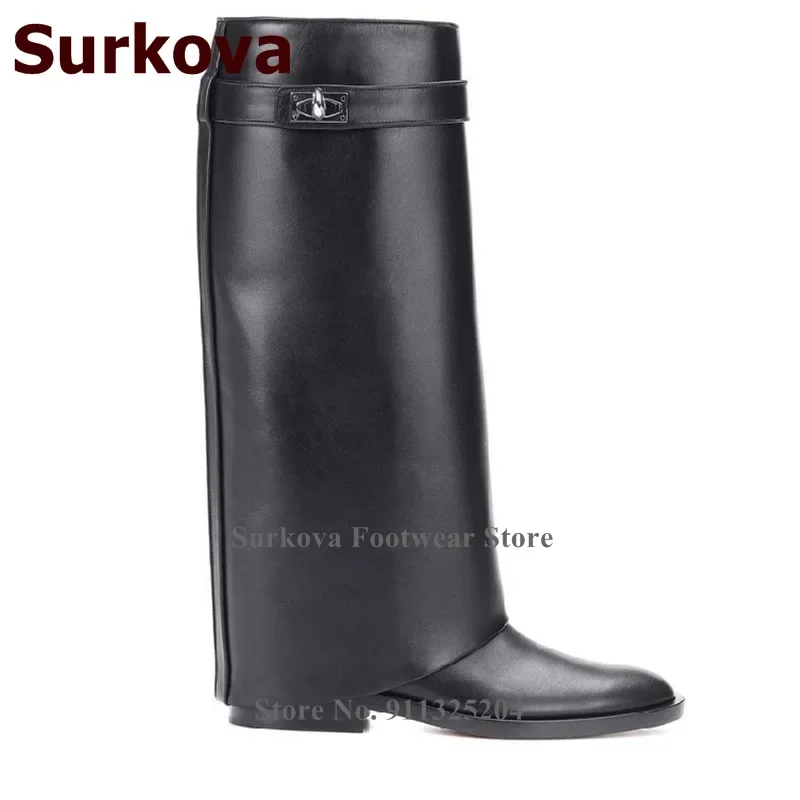 Surkova Shark Lock Low Heel Knee-High Boots Women Black Matte Leather Strap Turn Over Metal Decoration Dress Boots Chunky Heels