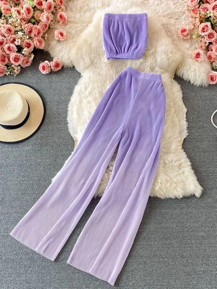 2024 Summer Women's Suit Korean Street Style Gradient Tube Top Short Top + High Waist Wide Leg Pants Female Sets