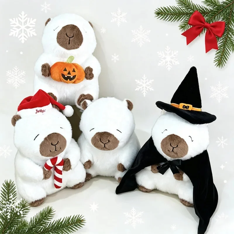 Capybara Plush Stuffed Animal Soft Kawaii Christmas Holiday Plush Doll Gift For Kids Adults Room Decor White Collectible Toy