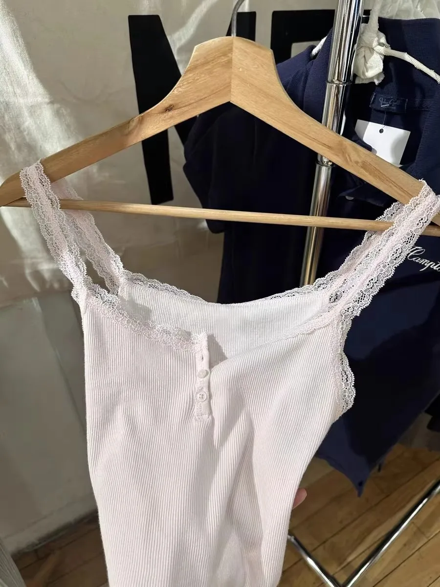 Sweet Pink Lace Trim Ribbed Camisole Women New Casual Cotton Buttons Slim Sleeveless Vest All-match Simple Cropped Tank Tops Y2K