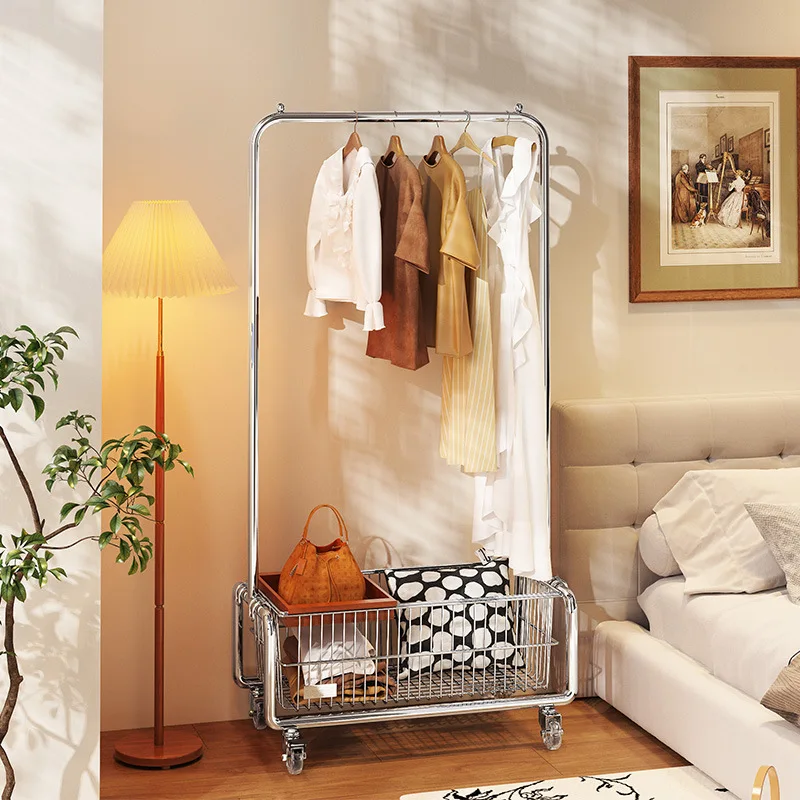 Stainless steel bedroom clothes rack, floor-standing home mobile light luxury coat rack, storage rack, bedside storage essential
