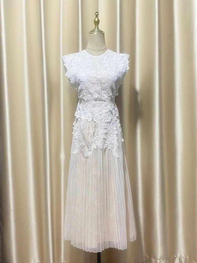 فستان شبكي من الدانتيل مُزين بنقشة الزهور ثلاثي الأبعاد على الموضة لربيع وصيف 2025 للنساء بدون أكمام فستان ميدي طويل بطيات #4