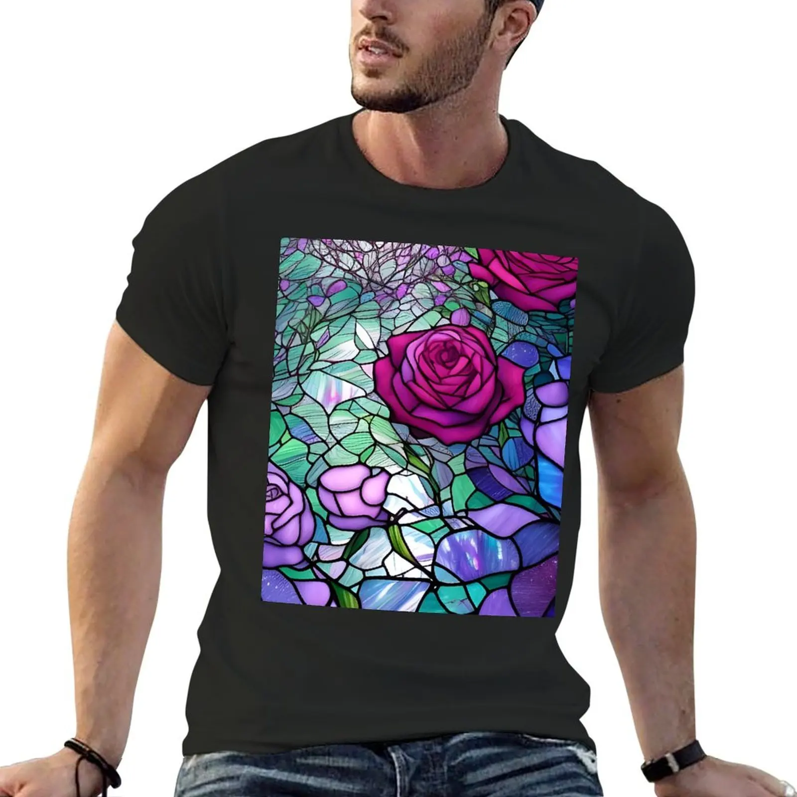 Stained Glass Roses T-Shirt blanks Aesthetic clothing mens fashion