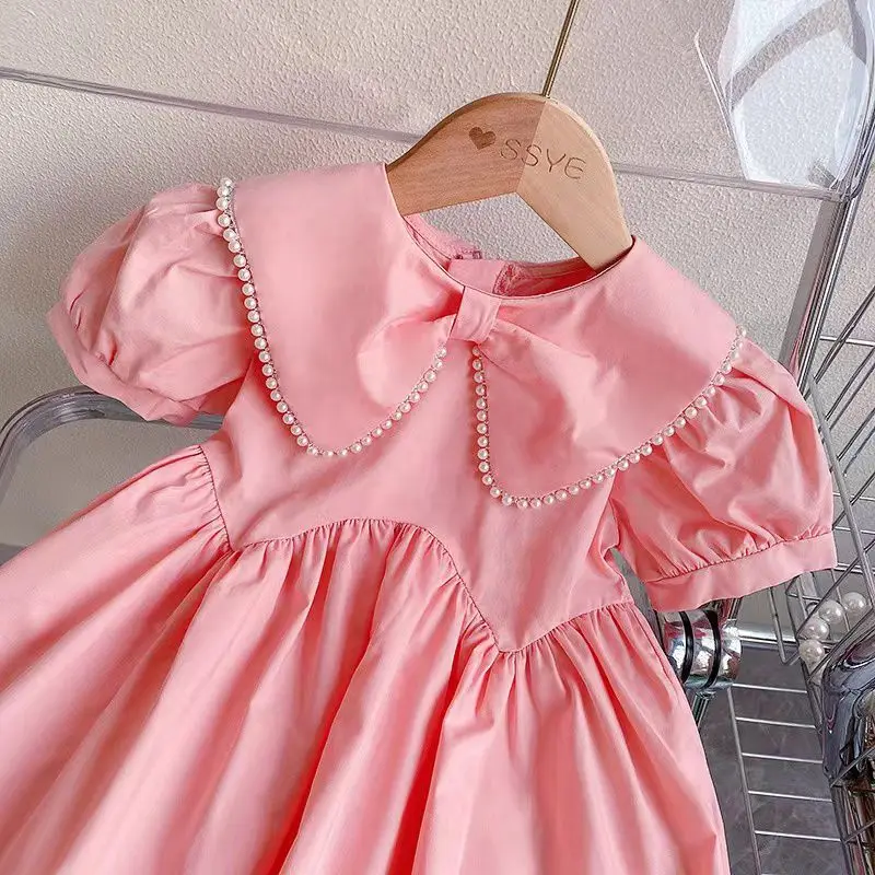 Pink Cute Girls Dress 2-8 Years Pearl Trimmed Collar Short Sleeve Princess Party Dress Comfortable Casual Summer Fashion