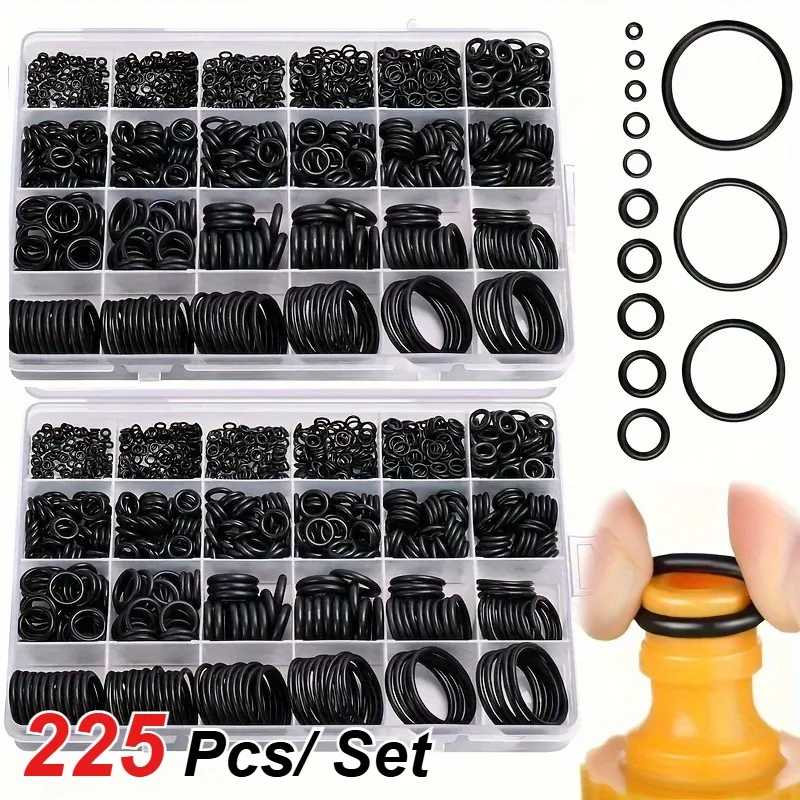 225 PCS/Set O-Ring Combination - Oil and Water Resistant Rubber Seals, Various Sizes, Suitable for Automotive and Multi-scenario
