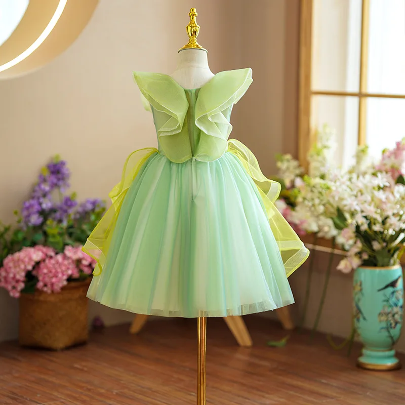 2024 luxury Girls V-neck green Flower Fairy Children Princess tutu Wedding Gown Kids Dresses baby infant Birthday Party Dress