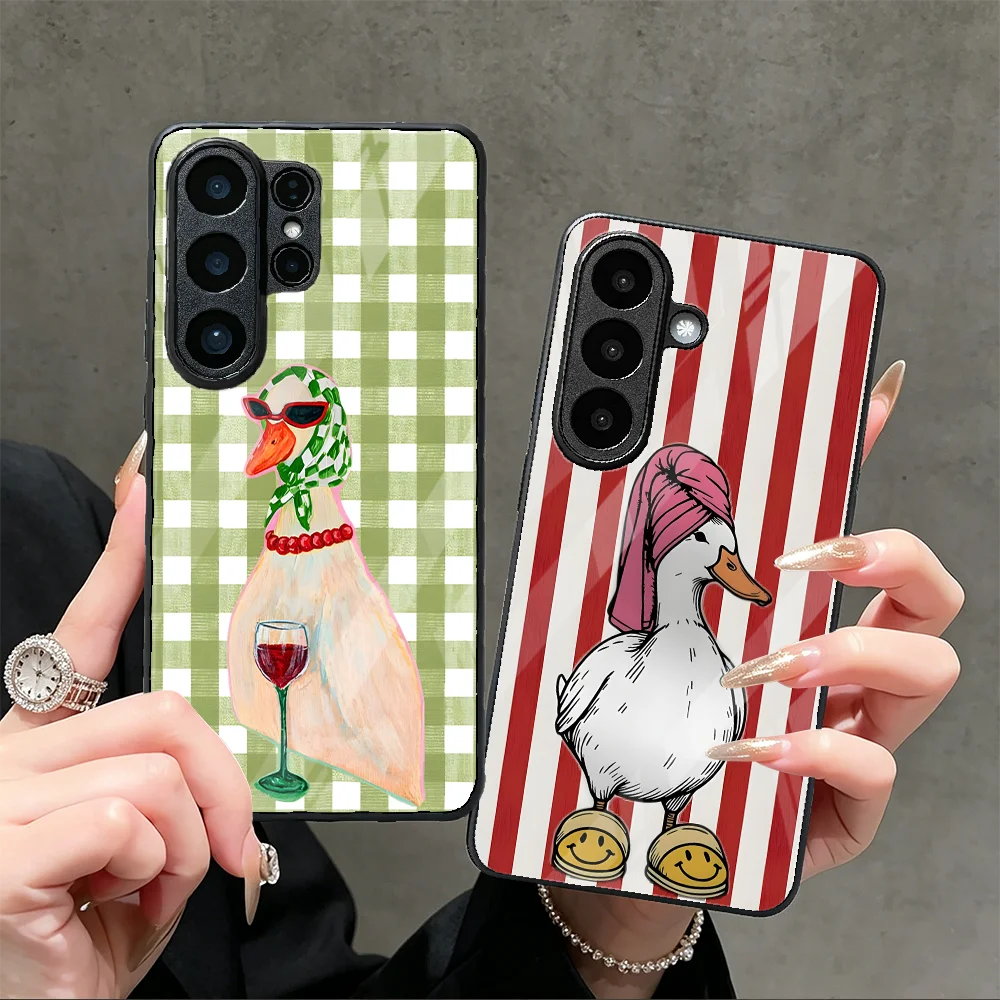 Glass Case for Samsung Galaxy S26 Ultra S20 S25+ S22 S21 S26Ultra S24 Ultra 24 Plus S23+ 25 Edge S23 FE Phone Cover Cartoon Duck