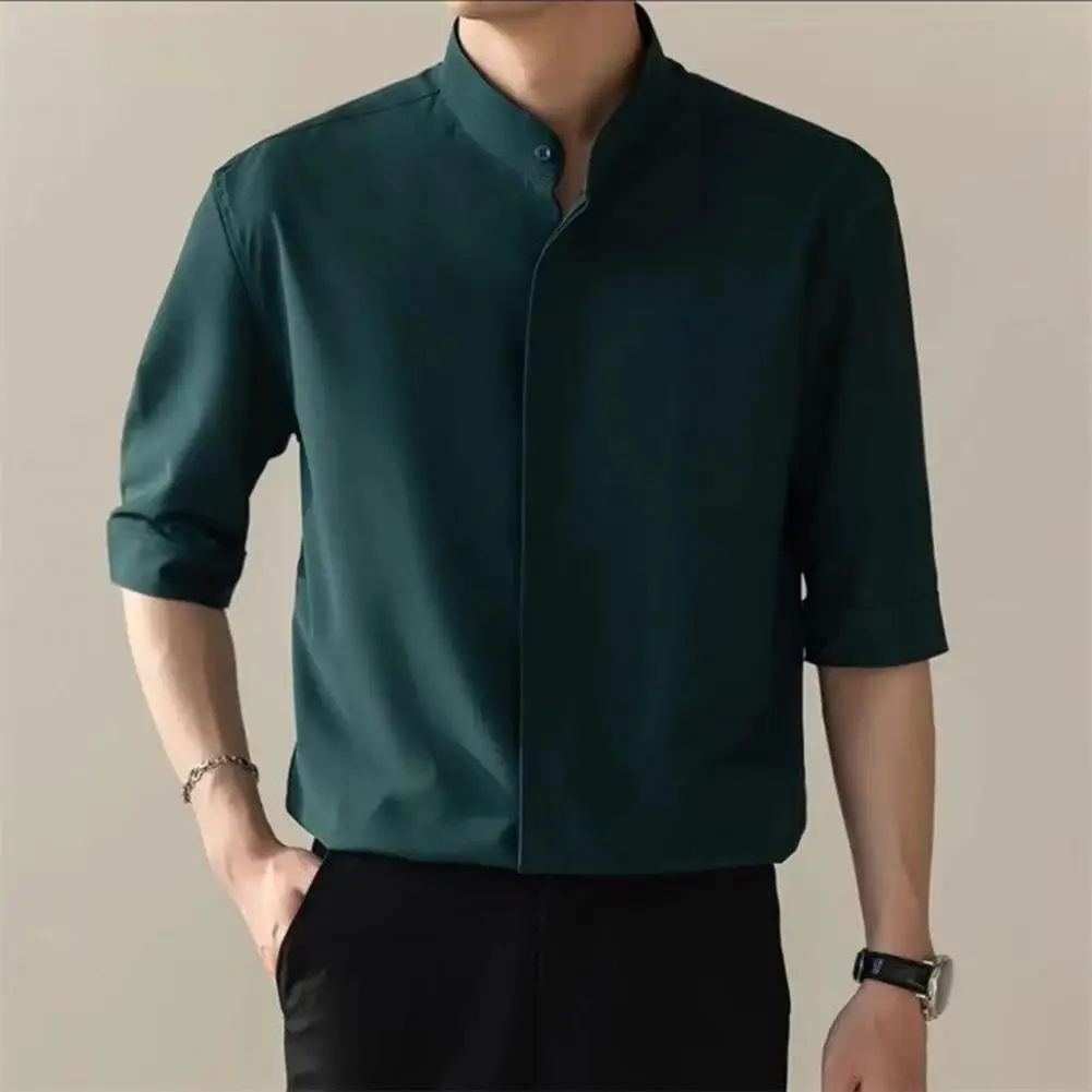 

Slim Fit Stand Collar Shirt Stylish Stand Collar Men's Shirt for Business Commute Office Slim Fit Half Sleeves Solid Color Soft