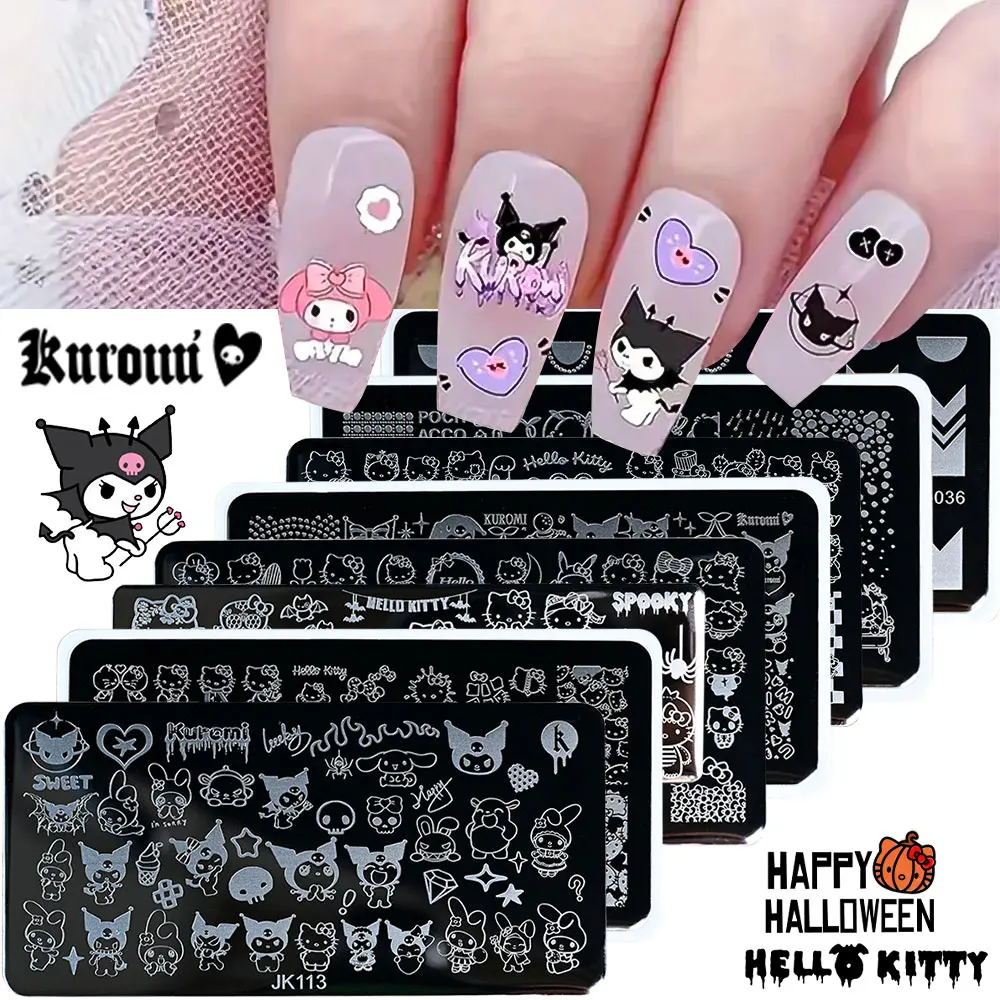 1PC New Halloween Hello Kitty/Kuromi Nail Stamping Plate Stickers Cartoon Image Nail Art Printing Template Tool Nail Steel Plate