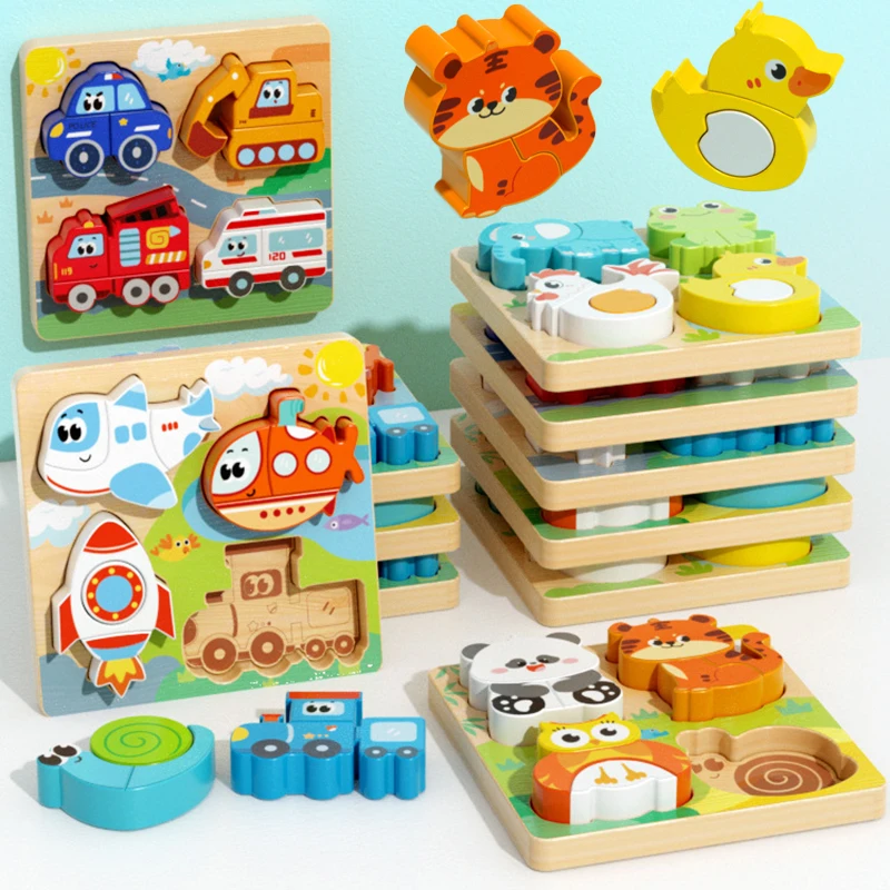 Montessori Children's Toys Kids Wooden 3D Puzzle Animal Traffic Jigsaw 0-3 Year Toddler Early Learning Education Cognitive Games