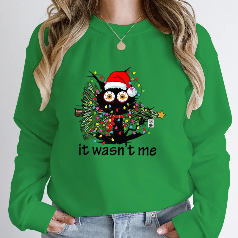 Christmas Tree Cat It Wasn\'t Me Print Pullovers Round Neck Tops Women Hoodless Sweatshirts Long-sleeved Autumn Winter Sweatshirt