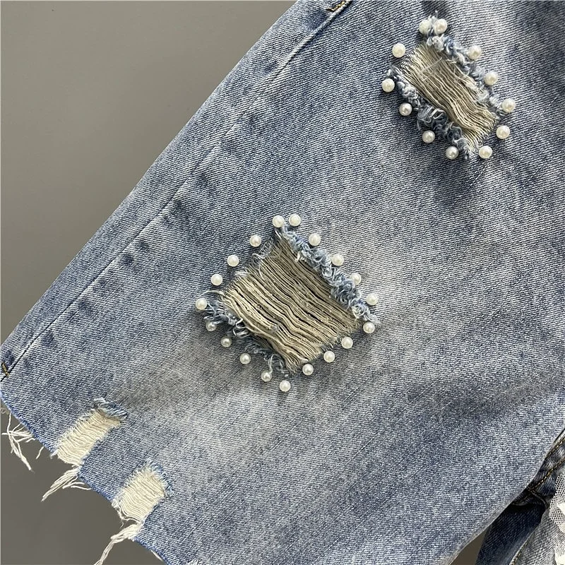 

High Waist Wide Leg ort Jeans Women's Five-Quarter orts Heavy Embroidery 3D Floral Hole Design Light Blue Summer Hot Pants