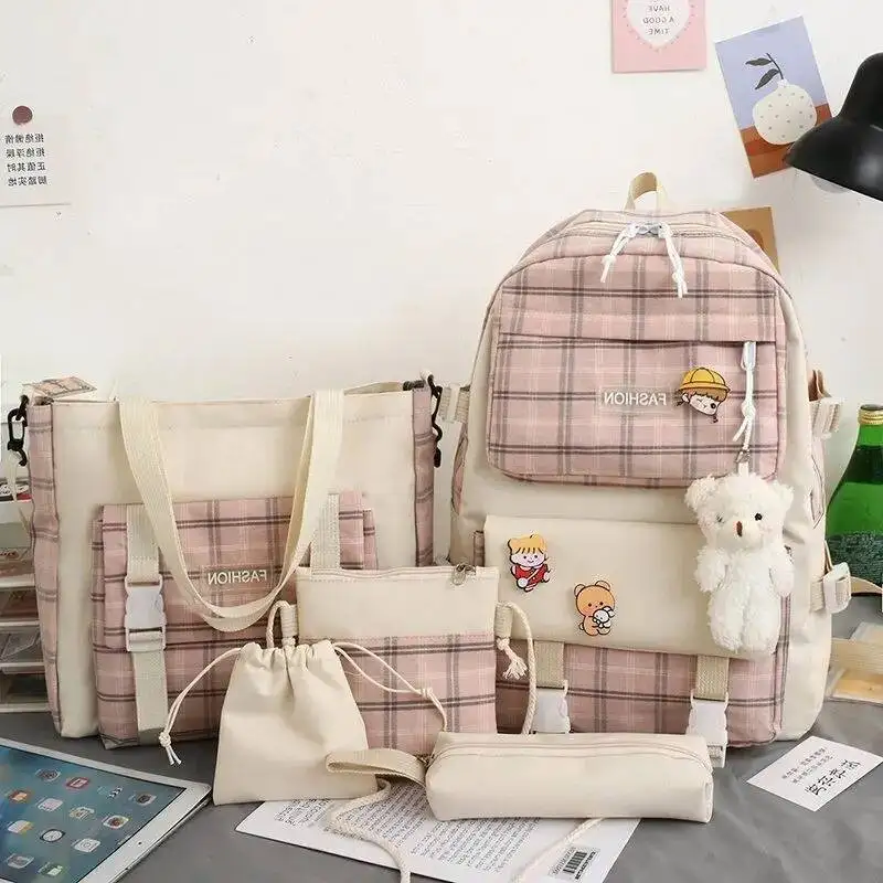 

Japanese - Style Adorable Checked Canvas Schoolbag For Girls - Korean - Inspired Trendy 5 - Piece Set Backpack