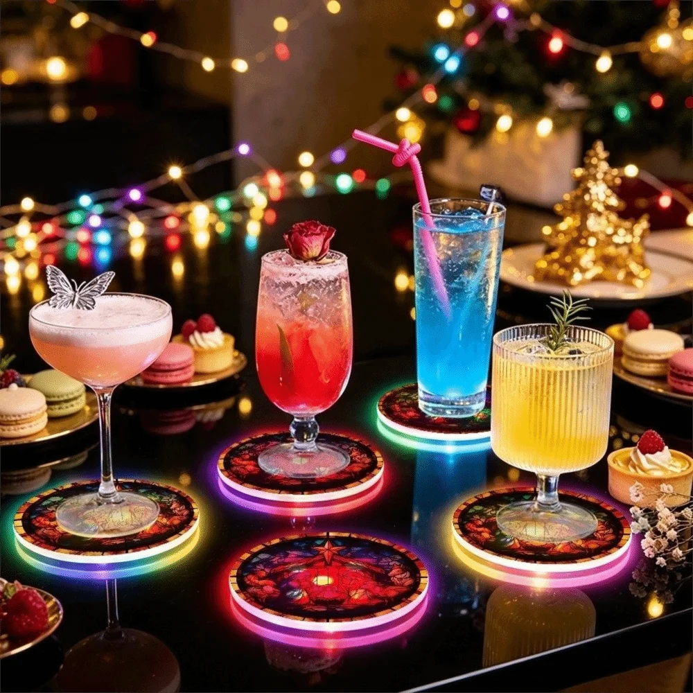 Round Acrylic LED Glowing Coaster 2D Flat Christian Religious Nativity Cup Pad Colorful Waterproof Christmas Drink Pad Nightclub