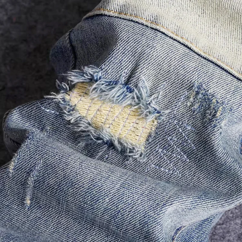 

High Street Designer Fashion Men Jeans Retro Blue Stretch Slim Fit Patched Ripped Jeans Men Hip Hop Vintage Denim Pants Hombre