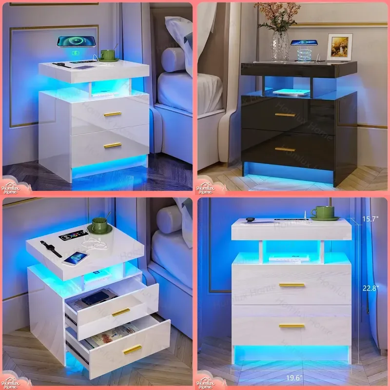 Modern Bedside Table with Wireless Charging Station 24 Color LED Lights 3 Drawers Floating Nightstand USB Type C Port for