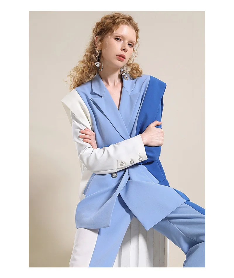 Conjunto de trajes azules para mujer, chaqueta y pantalones elegantes para boda, vestido Formal de graduación, Blazer de fiesta de Color empalme con cinturón, hecho a medida