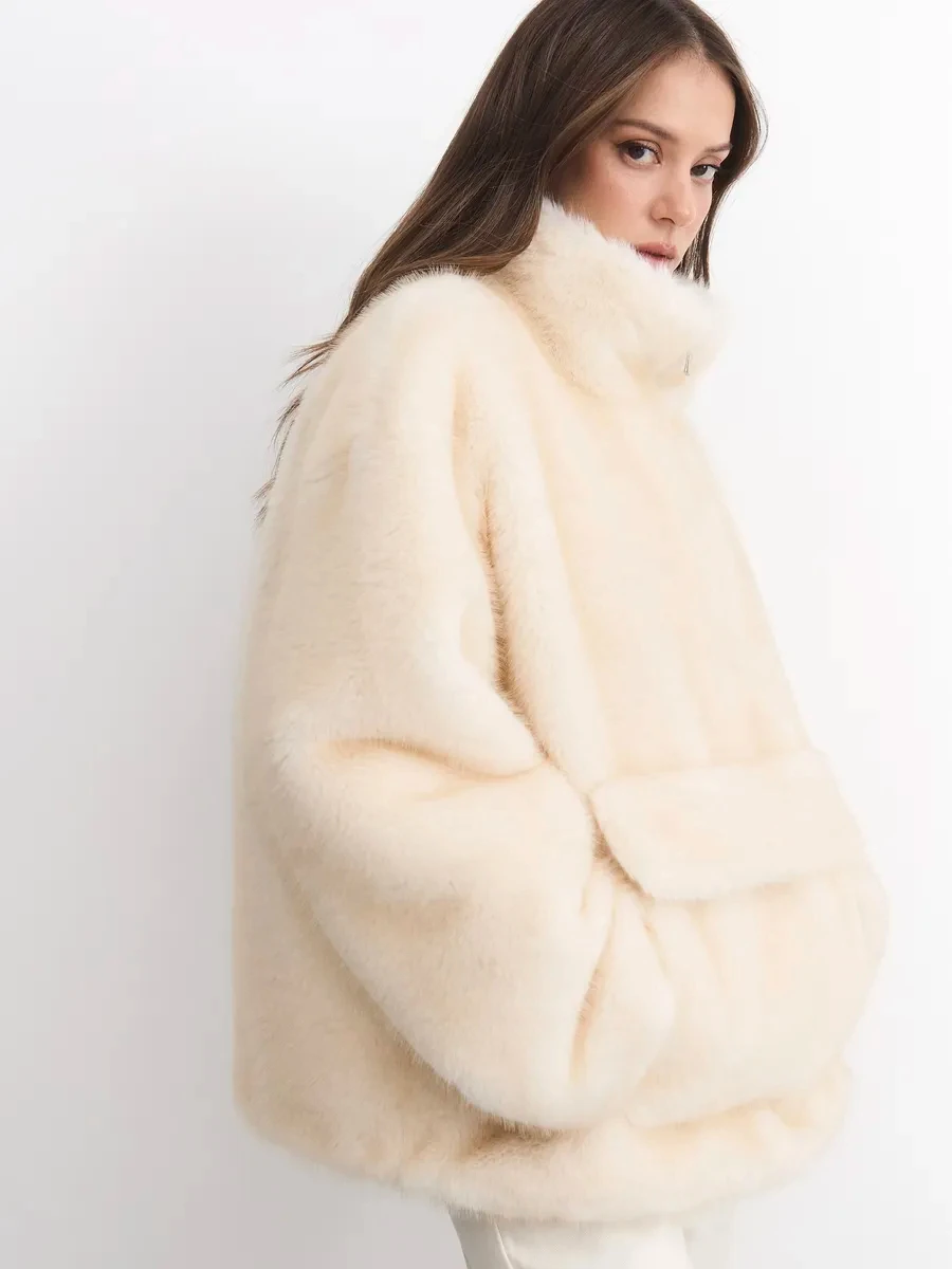 Women Winter Faux Fur Coat 2026 Warm Cream Jacket Stand Collar Fluffy Plush Overcoat Elegant Luxury Outerwear
