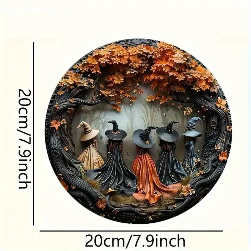 2D Exquisite Witch and Autumn Leaves - Halloween Circular Wooden Sign, Suitable for Home, Restaurant, Bar, Door Decoration Gifts