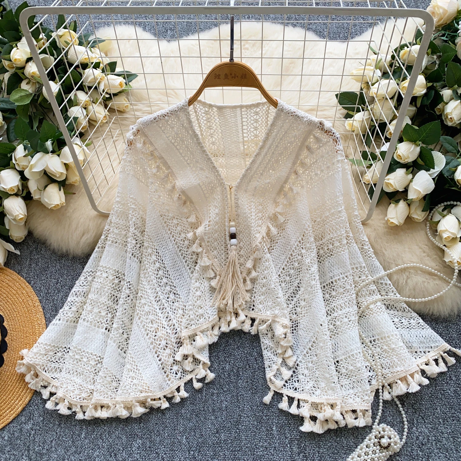

2025 Spring And Autumn Holiday Style Cape Coat Women's Bohemian Retro Beach Cover-up Hollow Knitted Tassel Top