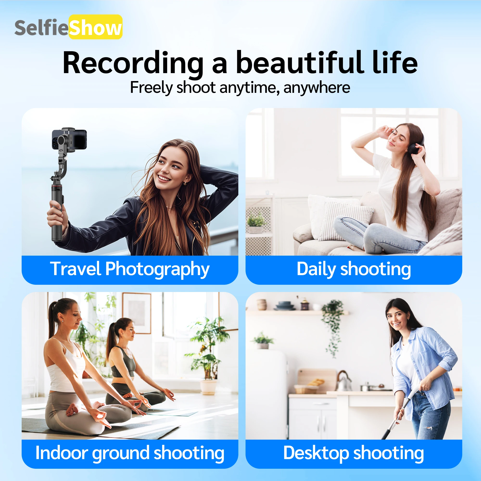 Selfieshow Handheld Gimbal 360° Ai Face Tracking Shoot Desktop Stabilizer Tripod Selfie Stick Wireless Remote for Smartphoes