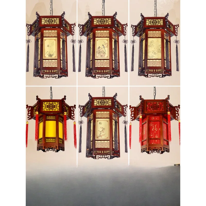 Chinese style solid wood antique hexagonal palace lamp hot pot restaurant villa entrance balcony