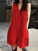 2025 VONDA Women Summer Short Jumpsuits Sexy Sleeveless Rompers Casual Loose Fashion V Neck Pockets Solid Playsuits Overalls