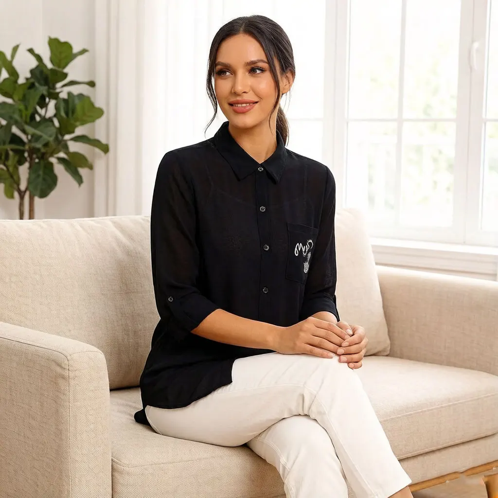 

Women Black Chiffon Shirt Dress Longline Blouse with Embroidered Pocket Vintage Lapel Collar Flare Sleeve Casual Loose Fit Asymm
