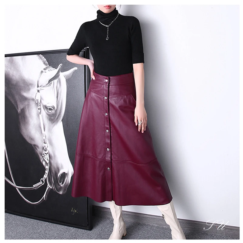 

A-Lline Genuine Leather Women Clothing England Fashion Elastic Waist Umbrella Pleated Skirt Femme Chic Wine Red Fold Streetwear