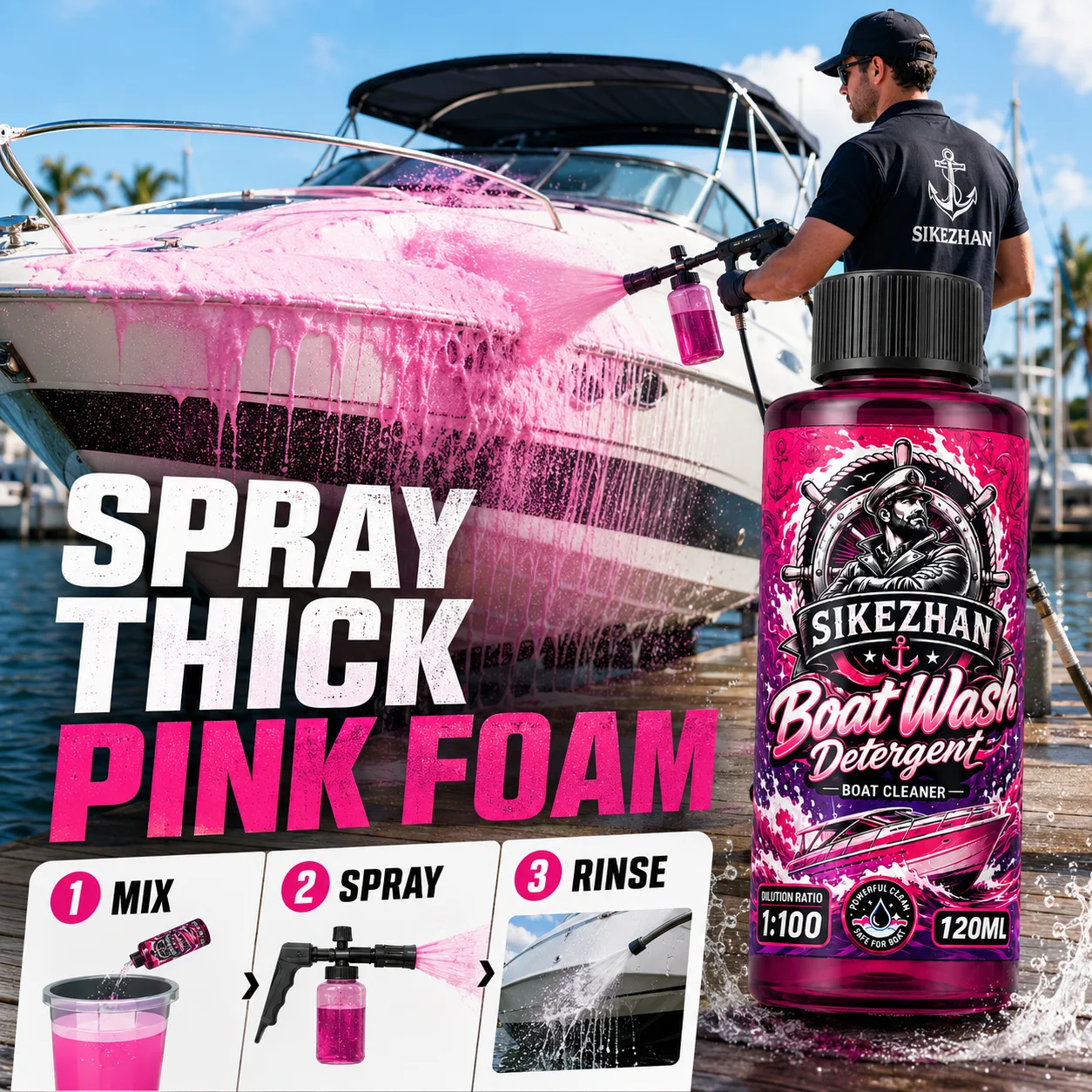 High Dilution 1:100 Ratio Concentrated Boat Wash Detergent, 120ml Marine Hull Cleaner Soap for Yacht Vessel Maintenance Tools